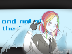 Size: 1080x810 | Tagged: dead source, safe, artist:情风三岁, rainbow dash, human, g4, female, humanized, looking at you, solo, winged humanization, wings