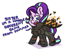 Size: 1050x850 | Tagged: safe, artist:threetwotwo32232, starlight glimmer, pony, unicorn, g4, dialogue, female, fire, looking at you, mare, metal gear, metal gear solid 2, newbie artist training grounds, parody, simple background, solidus glimmer, solidus snake, solo, transparent background