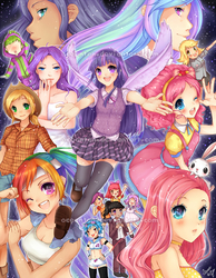 Size: 900x1157 | Tagged: safe, artist:oceanchan, angel bunny, apple bloom, applejack, derpy hooves, dj pon-3, fluttershy, octavia melody, pinkie pie, princess celestia, princess luna, rainbow dash, rarity, scootaloo, spike, sweetie belle, twilight sparkle, vinyl scratch, human, rabbit, g4, animal, clothes, cutie mark crusaders, female, humanized, looking at you, mane six, obtrusive watermark, poster, royal sisters, signature, sisters, socks, thigh highs, watermark, winged humanization, wings, wrong eye color