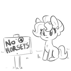 Size: 1152x1152 | Tagged: safe, artist:tjpones, oc, oc only, oc:brownie bun, earth pony, pony, horse wife, chest fluff, female, fuck the police, grayscale, irony, mare, monochrome, racism, sign, simple background, sitting, solo, white background