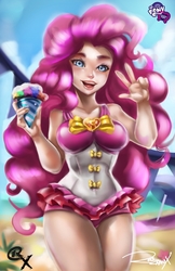 Size: 750x1160 | Tagged: dead source, safe, artist:bunsogen, artist:racoonsan, edit, pinkie pie, human, equestria girls, g4, my little pony equestria girls: better together, adventure in the comments, art theft, breasts, equestria girls logo, female, geode of sugar bombs, graveyard of comments, magical geodes, peace sign, shitposting in the comments, solo, trace, user meltdown in the comments