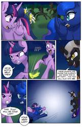Size: 717x1114 | Tagged: safe, artist:tigra0118, princess luna, twilight sparkle, oc, oc:fallenlight, alicorn, earth pony, pony, comic:curse and madness, g4, armor, comic, exclamation point, forest, helmet, jewelry, magic, mlpcam, necklace, night, question mark, royal guard, sky, stars, text bubbles, tigronytes, twilight sparkle (alicorn)
