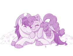 Size: 1280x977 | Tagged: safe, artist:dstears, bright mac, pear butter, earth pony, pony, g4, atg 2019, couple, cute, eyes closed, female, husband and wife, male, mare, monochrome, newbie artist training grounds, nuzzling, pony pillow, prone, smiling, stallion