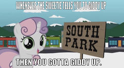 Size: 639x354 | Tagged: safe, artist:tweek studio animation, edit, edited screencap, editor:undeadponysoldier, screencap, sweetie belle, pony, unicorn, g4, adorable face, caption, crossover, cute, female, filly, giddy up, happy, image macro, looking at you, meme, mountain, sign, solo, south park, talking to viewer, text