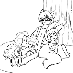 Size: 1000x1000 | Tagged: safe, oc, oc only, oc:minituffs, oc:soran, oc:xieril, rabbit, zebra, anthro, against tree, animal, clothes, glasses, lineart, minituffs, monochrome, non-mlp oc, non-pony oc, sleeping, tree, trio