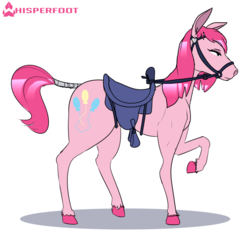Size: 1880x1761 | Tagged: safe, artist:whisperfoot, pinkie pie, horse, pony, g4, bit, bridle, colored hooves, female, flat mane, hoers, hooves, mare, pink hair, pinkamena diane pie, raised hoof, reins, saddle, sketch, solo, stirrups, tack, tail wrap
