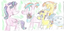 Size: 1977x958 | Tagged: safe, artist:ptitemouette, starlight glimmer, sunburst, oc, oc:harry trotter, oc:summer solstice, oc:sunny jewel, pony, unicorn, g4, baby, baby carrier, baby pony, brother and sister, father and daughter, father and son, female, grandfather and grandson, grandmother and grandson, male, mother and daughter, mother and son, offspring, parent:oc:saphire ring, parent:oc:sunny jewel, parent:starlight glimmer, parent:sunburst, parents:oc x oc, parents:starburst, ship:starburst, shipping, siblings, straight