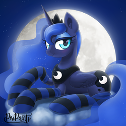 Size: 2733x2733 | Tagged: safe, artist:piripaints, princess luna, alicorn, pony, blushing, clothes, cloud, crown, female, jewelry, looking at you, mare, moon, night, night sky, on a cloud, prone, regalia, royalty, sky, socks, solo, striped socks