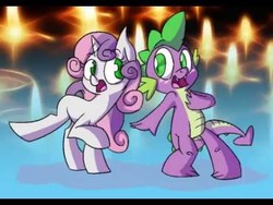 Size: 480x360 | Tagged: artist needed, safe, spike, sweetie belle, dragon, pony, unicorn, g4, cute, dancing, female, filly, hand on chest, happy, looking at each other, male, open mouth, raised hoof, ship:spikebelle, shipping, straight