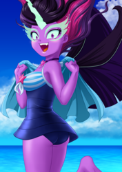 Size: 2894x4093 | Tagged: safe, artist:uotapo, color edit, edit, editor:drakeyc, sci-twi, twilight sparkle, equestria girls, equestria girls series, forgotten friendship, g4, my little pony equestria girls: friendship games, ass, attached skirt, bare shoulders, barefoot, butt, choker, clothes, colored, cute, fangs, feet, female, glowing horn, horn, jewelry, looking at you, midnight sparkle, midnight sparklebutt, necklace, one-piece swimsuit, open mouth, patreon, sci-twi swimsuit, sci-twibutt, sexy, skin color edit, skirt, smiling, solo, swimsuit, towel, twibutt, wings