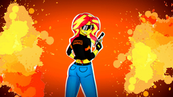 Size: 2560x1440 | Tagged: safe, sunset shimmer, equestria girls, equestria girls series, g4, ass, belt, bunset shimmer, butt, clothes, cutie mark tattoo, desert eagle, female, gun, jeans, pants, solo, sunglasses, tattoo, tramp stamp, wallpaper, weapon