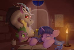 Size: 3500x2400 | Tagged: safe, artist:skitsroom, discord, princess luna, spike, twilight sparkle, g4, blanket, boat, book, bookshelf, candle, chair, female, high res, lineart, male, plushie, quill, sleeping, trophy