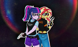 Size: 2225x1335 | Tagged: safe, artist:twa1kaart, sci-twi, sunset shimmer, twilight sparkle, equestria girls, g4, my little pony equestria girls: better together, armor, bulletproof vest, clothes, colt m1911, cutie mark tattoo, desert eagle, duo, duo female, female, gun, jeans, pants, plate carrier, shorts, sunglasses, sunlight, tramp stamp, wallpaper, weapon