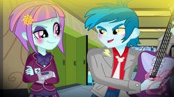 Size: 1280x718 | Tagged: safe, artist:kiwi4578, sunny flare, thunderbass, equestria girls, g4, blushing, canterlot high, female, lidded eyes, looking at each other, male, shipping, straight, thunderflare