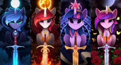 Size: 3500x1875 | Tagged: safe, artist:yakovlev-vad, princess cadance, princess celestia, princess luna, twilight sparkle, alicorn, butterfly, pony, art pack:equestrian royalty, alicorn tetrarchy, alicorn triarchy, alternate hair color, ash, big crown thingy, cheek fluff, chest fluff, ear fluff, eye clipping through hair, eyebrows, eyebrows visible through hair, fantasy class, female, fire, flaming sword, flower, frown, glare, glowing horn, horn, ice, jewelry, lidded eyes, looking at you, magic, magic circle, mare, moon, night, nightmare luna, peytral, regalia, rose, s1 luna, scroll, sitting, sky, slit pupils, snow, stars, sun, sword, twilight sparkle (alicorn), warrior, warrior cadance, warrior celestia, warrior luna, warrior twilight sparkle, weapon