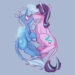 Size: 1300x1300 | Tagged: safe, artist:corporalvortex, starlight glimmer, trixie, classical unicorn, pony, unicorn, g4, blushing, cloven hooves, colored hooves, duo, ear fluff, eyes closed, female, glowing horn, hand, heart, horn, kiss on the lips, kissing, leonine tail, lesbian, magic, magic hands, mare, pushing, ship:startrix, shipping, sitting, surprise kiss, surprised, unicorn magic, unshorn fetlocks