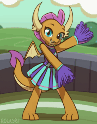 Size: 750x950 | Tagged: safe, artist:rockset, smolder, dragon, 2 4 6 greaaat, season 9, spoiler:s09, animated, cheerleader, cheerleader smolder, clothes, cute, dragon horns, dragoness, female, frame by frame, gif, hnnng, horns, looking at you, moe, perfect loop, pleated skirt, skirt, smiling, smiling at you, smolderbetes, solo