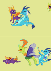 Size: 2268x3150 | Tagged: safe, artist:someguy458, derpibooru exclusive, princess ember, thorax, changedling, changeling, dragon, series:rubyandfriends, series:tpaplop, g4, alternate universe, angry, baseball bat, changeling x dragon, digital art, dragons breeding changelings, female, funny, high res, jealous, king thorax, laughing, male, mama ember, pregnant, redraw, ship:embrax, shipping, simple background, spyro the dragon, spyro the dragon (series), straight
