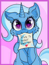 Size: 2270x3000 | Tagged: safe, artist:rainbowtashie, trixie, pony, unicorn, g4, atg 2019, cheek fluff, chest fluff, cute, cutie mark, cutie mark background, diatrixes, ear fluff, fangs, female, heart, heart eyes, high res, leg fluff, looking at you, mare, mouth hold, newbie artist training grounds, note, simple background, smiling, solo, wingding eyes
