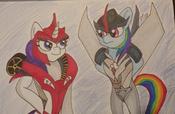 Size: 2758x1813 | Tagged: safe, artist:iffoundreturntorarity, rainbow dash, rarity, semi-anthro, g4, arm hooves, atg 2019, clothes, cosplay, costume, duo, knockout, newbie artist training grounds, starscream, traditional art, transformers, transformers prime