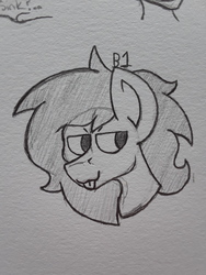 Size: 2576x1932 | Tagged: safe, artist:drheartdoodles, oc, oc only, oc:dr.heart, pony, bust, monochrome, owo, portrait, solo, tongue out, traditional art