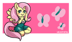 Size: 3084x1824 | Tagged: safe, artist:greyeater, fluttershy, pegasus, anthro, g4, blushing, dungarees, female, solo