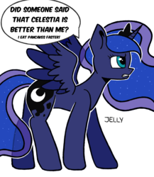Size: 2000x2300 | Tagged: safe, alternate version, artist:jellysketch, princess luna, alicorn, pony, g4, angry, comic, crown, female, food, high res, jewelry, mare, pancakes, princess, regalia, simple background, solo, white background