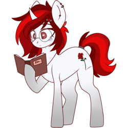 Size: 2048x2048 | Tagged: safe, artist:cinnamontee, oc, oc only, oc:hallowed thorn, pony, unicorn, book, ear piercing, earring, female, glasses, hairpin, high res, hoof hold, jewelry, mare, piercing, reading, simple background, solo, transparent background