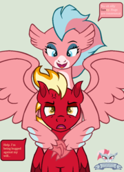 Size: 750x1040 | Tagged: safe, artist:peregrinstaraptor, oc, oc only, oc:calienta, oc:sunfyre, classical hippogriff, hippogriff, pegasus, pony, female, hape, hug, male, simple background, stallion