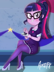 Size: 1800x2400 | Tagged: safe, artist:artmlpk, sci-twi, twilight sparkle, equestria girls, g4, my little pony equestria girls: better together, twilight under the stars, blushing, cake, cute, female, food, high heels, legs, looking at you, ponytail, sci-twi outfits, shoes, sitting, smiling, solo, twiabetes