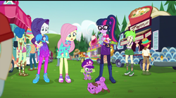 Size: 720x399 | Tagged: safe, screencap, cherry crash, fluttershy, fry lilac, hunter hedge, laurel jade, lyra heartstrings, princess thunder guts, rarity, sci-twi, spike, spike the regular dog, summer solstice (g4), twilight sparkle, wallflower blush, zephyr breeze, dog, equestria girls, g4, lost and pound, my little pony equestria girls: choose your own ending, background human, boots, cellphone, clothes, dress, feet, female, food truck, geode of telekinesis, glasses, legs, magical geodes, moccasins, music festival outfit, no socks, offscreen character, pantyhose, phone, plaid skirt, ponytail, sandals, shoes, shorts, skirt, sky, smartphone, sneakers, spike's festival hat, unnamed character, unnamed human