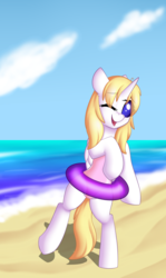 Size: 2176x3650 | Tagged: safe, artist:xcinnamon-twistx, oc, oc only, oc:deadie, pony, unicorn, beach, bipedal, clothes, female, happy, high res, inflatable, looking at you, mare, ocean, one-piece swimsuit, open mouth, sky, swimsuit