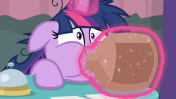 Size: 1280x720 | Tagged: safe, screencap, twilight sparkle, alicorn, pony, a trivial pursuit, g4, blowing, female, hyperventilating, magic, mare, paper bag, puffy cheeks, solo, twilight sparkle (alicorn), twilighting