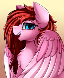 Size: 1446x1764 | Tagged: safe, artist:pridark, oc, oc only, oc:firesong, pegasus, pony, bust, chest fluff, commission, female, large wings, mare, open mouth, portrait, solo, wings