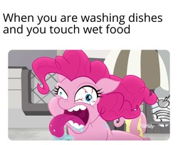 Size: 2112x1728 | Tagged: safe, edit, edited screencap, screencap, fluttershy, pinkie pie, earth pony, pegasus, pony, g4, my little pony: rainbow roadtrip, bloodshot eyes, caption, discovery family logo, disgusted, faic, image macro, long tongue, meme, terrorize, text, tongue out