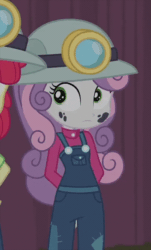 Size: 362x600 | Tagged: safe, screencap, apple bloom, sweetie belle, equestria girls, g4, happily ever after party, my little pony equestria girls: choose your own ending, animated, clothes, costume, cute, cyoa, diasweetes, female, miner, solo focus