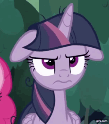 Size: 626x708 | Tagged: safe, screencap, mean twilight sparkle, pinkie pie, alicorn, pony, g4, season 8, the mean 6, angry, angry face, animated, duo, everfree forest, evolution, female, floppy ears, forest, gif, gifs.com, jumping, peeved, pinkie being pinkie, solo focus, tree, unamused, walking, watermark
