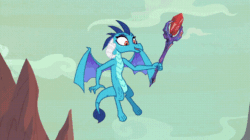 Size: 728x408 | Tagged: safe, screencap, garble, princess ember, spike, dragon, g4, sweet and smoky, animated, ascot, beret, bloodstone scepter, clothes, dragon lord ember, female, flying, hat, male, shipping fuel, shirt, striped shirt, winged spike, wings