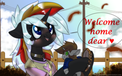 Size: 1920x1200 | Tagged: safe, artist:brainiac, oc, oc only, oc:littlepip, oc:velvet remedy, pony, unicorn, fallout equestria, bipedal, blushing, clothes, cloud, collar, cute, fanfic, fanfic art, female, floppy ears, frog (hoof), hooves, horn, horseshoes, implied calamity, implied fluttershy, mare, ocbetes, open mouth, plushie, solo, text, underhoof