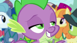 Size: 1280x720 | Tagged: safe, screencap, leadwing, spike, tropical dream, yuma spurs, dragon, pony, unicorn, g4, princess spike, appleloosa resident, claws, female, grin, lidded eyes, male, mare, name needed, raised eyebrow, slit pupils, smiling, solo focus, stallion