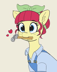Size: 1547x1975 | Tagged: safe, artist:pabbley, torque wrench, earth pony, pony, g4, rainbow roadtrip, atorqueable, clothes, cute, female, floating heart, hammer, happy, heart, hooves, mare, mouth hold, solo