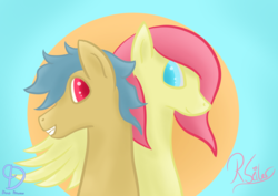 Size: 2480x1754 | Tagged: safe, artist:dumbprincess, artist:wreckno, oc, earth pony, pegasus, pony, blue background, bust, collaboration, duo, female, looking at each other, portrait, sunrise