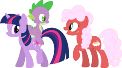 Size: 3584x1993 | Tagged: safe, artist:porygon2z, spike, twilight sparkle, oc, oc:strawberry fluffcake, dragon, earth pony, pony, unicorn, g4, dragons riding ponies, female, male, open mouth, riding, simple background, spike riding twilight, transparent background, trio, unicorn twilight, vector, walking