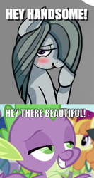 Size: 612x1153 | Tagged: safe, artist:riggyrag, edit, edited screencap, editor:undeadponysoldier, screencap, leadwing, marble pie, spike, tropical dream, earth pony, pony, g4, princess spike, beautiful, blushing, caption, crack shipping, female, flirting, handsome, image macro, lidded eyes, male, mare, open mouth, ship:marblespike, shipping, shy, smiling, straight, text