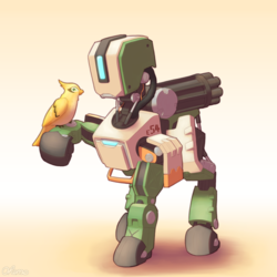 Size: 2000x2000 | Tagged: safe, artist:ohemo, bird, pony, robot, robot pony, bastion (overwatch), crossover, gun, high res, overwatch, ponified, raised hoof, simple background, weapon