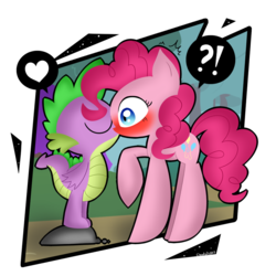 Size: 894x894 | Tagged: safe, artist:cloudyzu, pinkie pie, spike, dragon, earth pony, pony, g4, blushing, confused, cute, exclamation point, eyes closed, female, heart, interrobang, interspecies, kiss on the lips, kissing, male, mare, question mark, raised hoof, rock, ship:pinkiespike, shipping, simple background, straight, surprise kiss, transparent background, vector