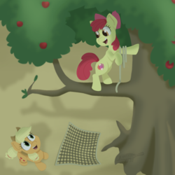 Size: 1350x1350 | Tagged: safe, artist:imaplatypus, apple bloom, applejack, earth pony, pony, g4, going to seed, apple sisters, apple tree, cutie mark, duo, female, filly, net, rearing, rope, the cmc's cutie marks, tree, tree branch