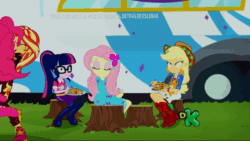 Size: 800x450 | Tagged: safe, screencap, applejack, fluttershy, pinkie pie, rarity, sci-twi, sunset shimmer, twilight sparkle, equestria girls, equestria girls series, g4, sunset's backstage pass!, spoiler:eqg series (season 2), animated, clothes, cute, dress, female, gif, music festival outfit, shipping fuel, shoes, sneakers, tree stump, twirl