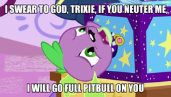 Size: 1200x675 | Tagged: safe, edit, edited screencap, screencap, spike, spike the regular dog, dog, equestria girls, g4, my little pony equestria girls: better together, street magic with trixie, caption, image macro, implied trixie, text