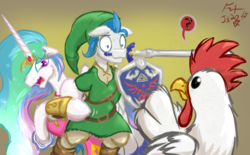 Size: 2576x1600 | Tagged: safe, artist:frist44, princess celestia, oc, oc:dreamy daze, bird, chicken, g4, alektorophobia, bipedal, canon x oc, clothes, cosplay, costume, crossover, cucco, dreamlestia, elf hat, female, hat, hiding, hylian shield, link, link's hat, link's tunic, male, master sword, mouth hold, nintendo, princess zelda, question mark, scared, scaredlestia, shield, shipping, straight, sweat, sword, that princess sure is afraid of chickens, the legend of zelda, this will end in pain, triforce, weapon